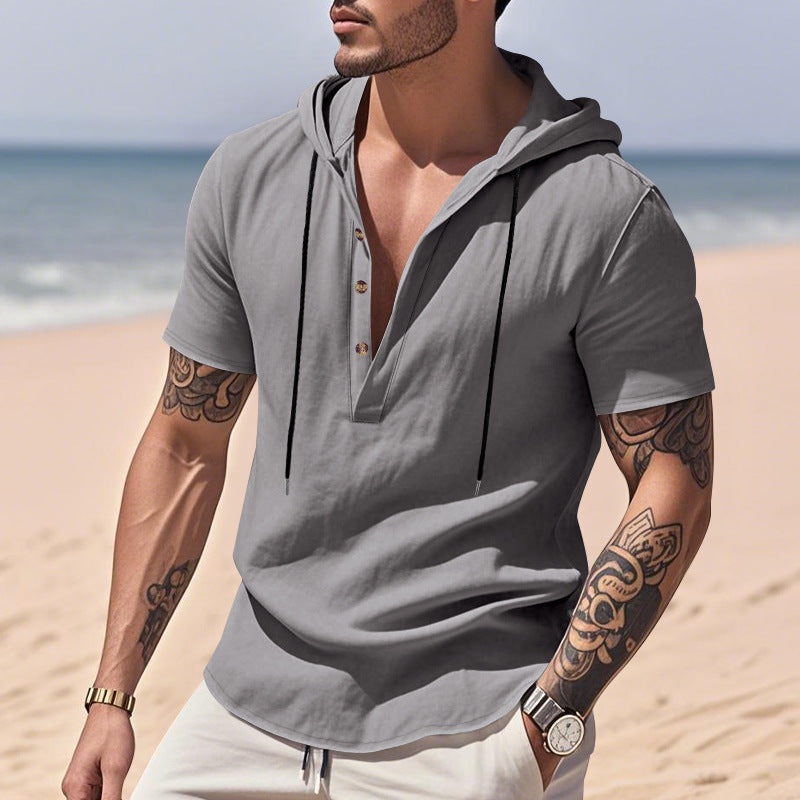 Casual Breathable Linen Hooded Henley Shirt With Short Sleeves  Men's Shirt Breathable Comfortable Spring Summer Fashion Basic Color Streetwear