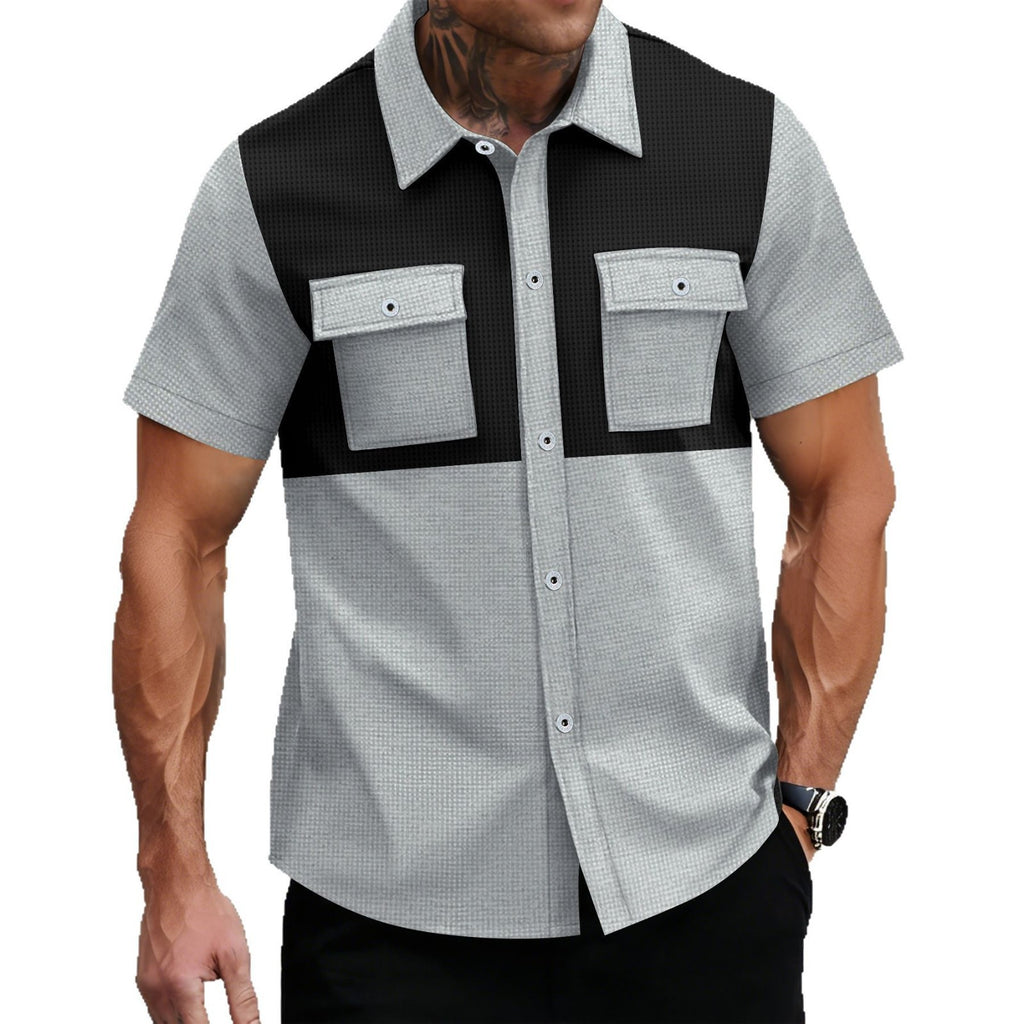 Mens Waffle-Weave Lapel Casual Short-Sleeve Shirt