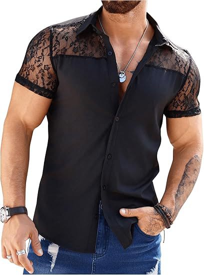 Men's Lace-Patchwork Short-Sleeve Shirt
