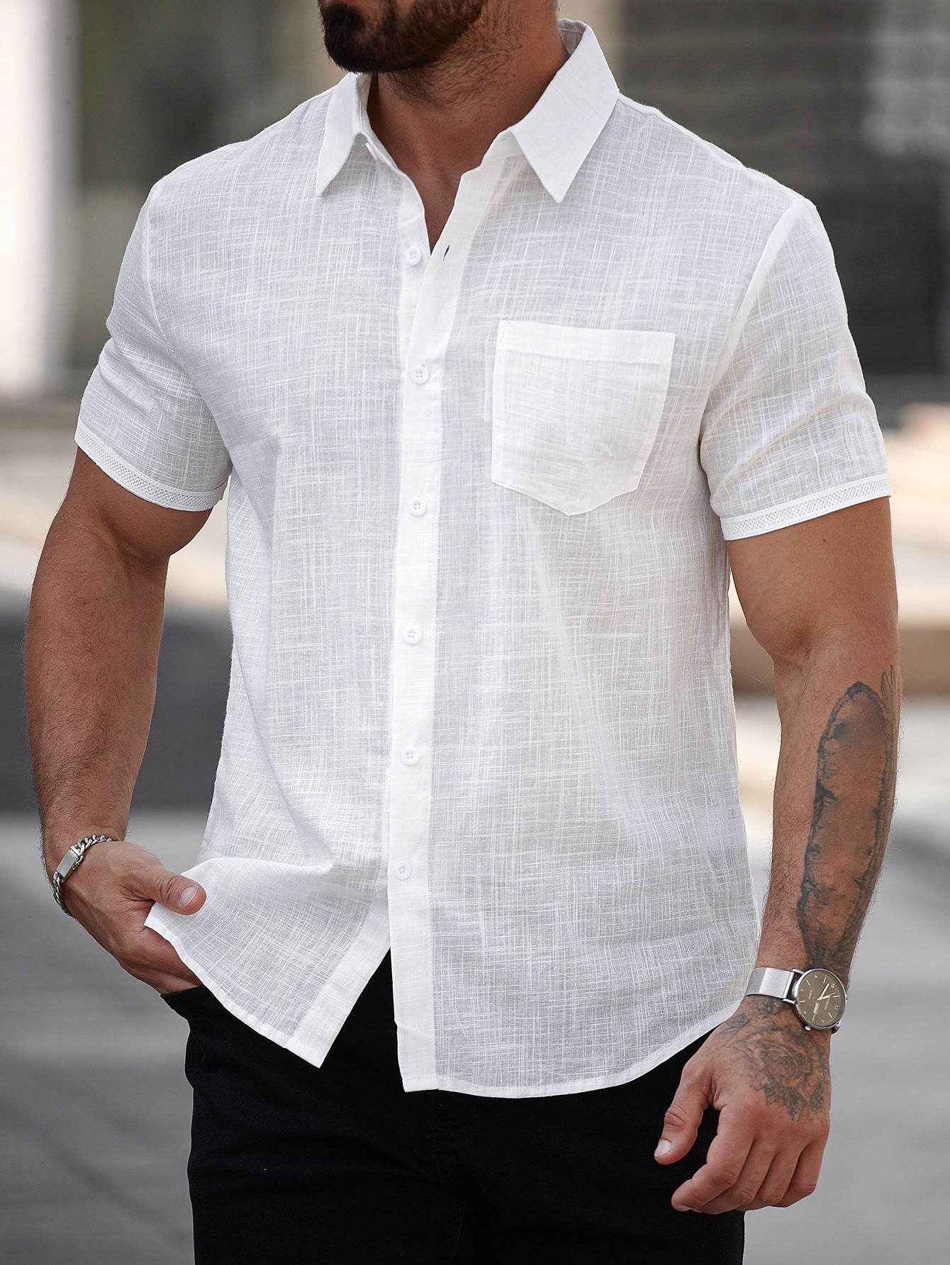 Mens Short-sleeve Cotton Shirt With A Pocket