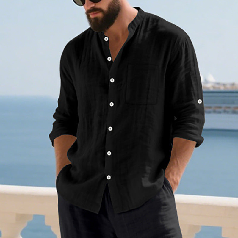 Breathable Linen Mens Button-Up Stand-Collar Long-Sleeve Shirt