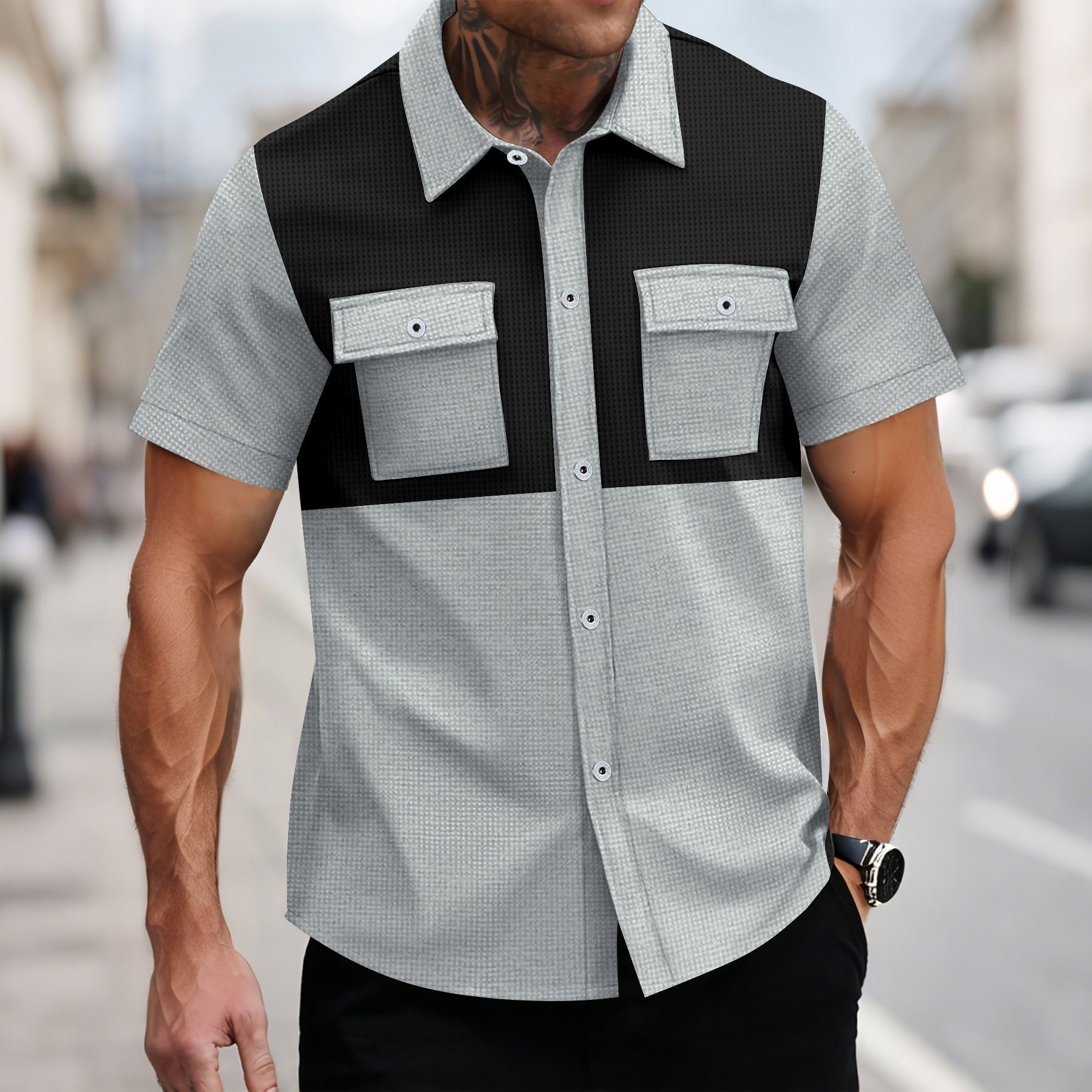 Mens Waffle-Weave Lapel Casual Short-Sleeve Shirt
