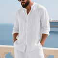 Breathable Linen Mens Button-Up Stand-Collar Long-Sleeve Shirt