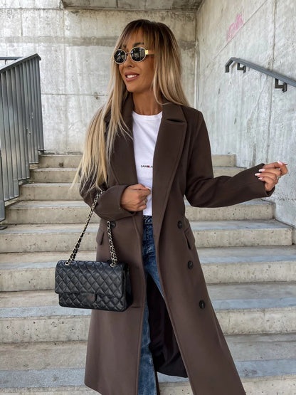 Double-breasted Lapel Split Jacket With Belt Winter Fashion Casual Long Sleeve Button Daily Coats For Women Clothing