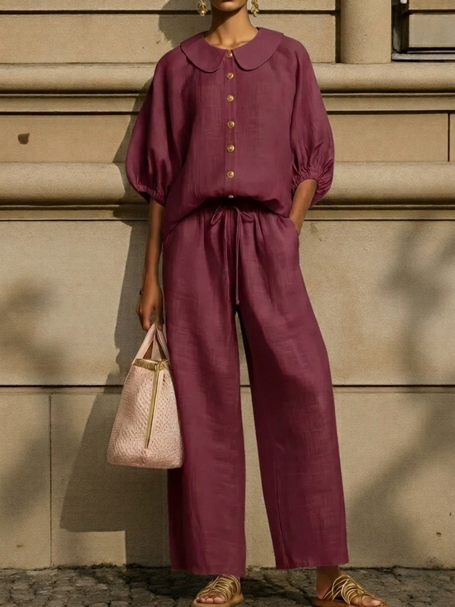 New Arrivals🔥Stylish Peter Pan Collar Shirt And Wide-leg Pant Linen Two-piece Set