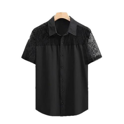 Men's Lace-Patchwork Short-Sleeve Shirt