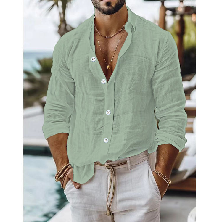 Men's Solid Color Cotton Linen Shirt Casual Style Long Sleeve