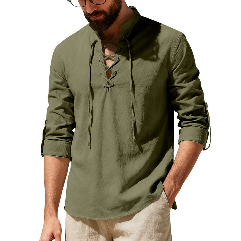 Mens Casual Long-sleeve Linen Henley Shirt