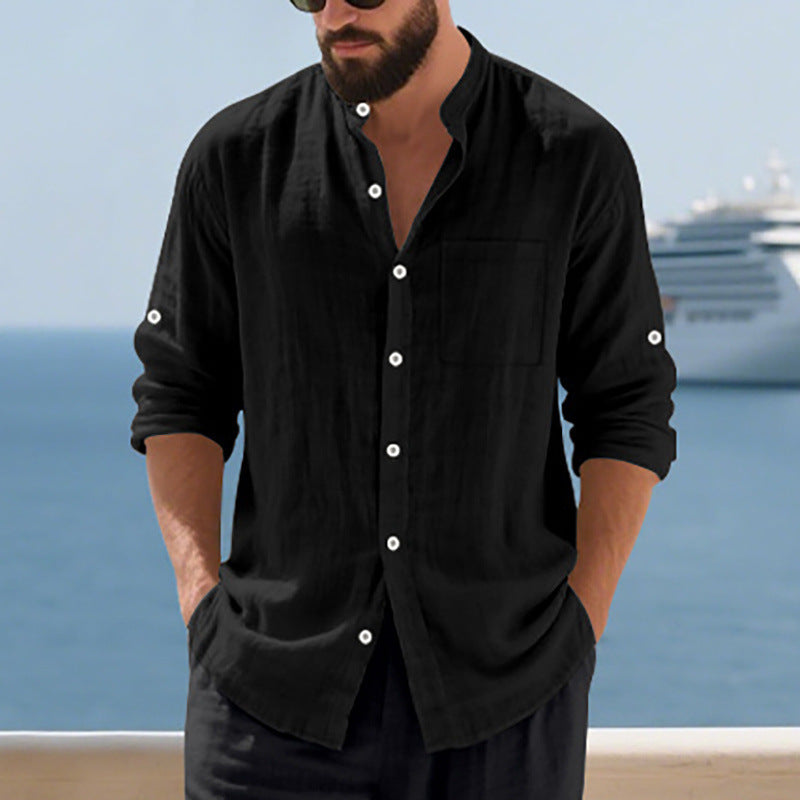 Breathable Linen Mens Button-Up Stand-Collar Long-Sleeve Shirt