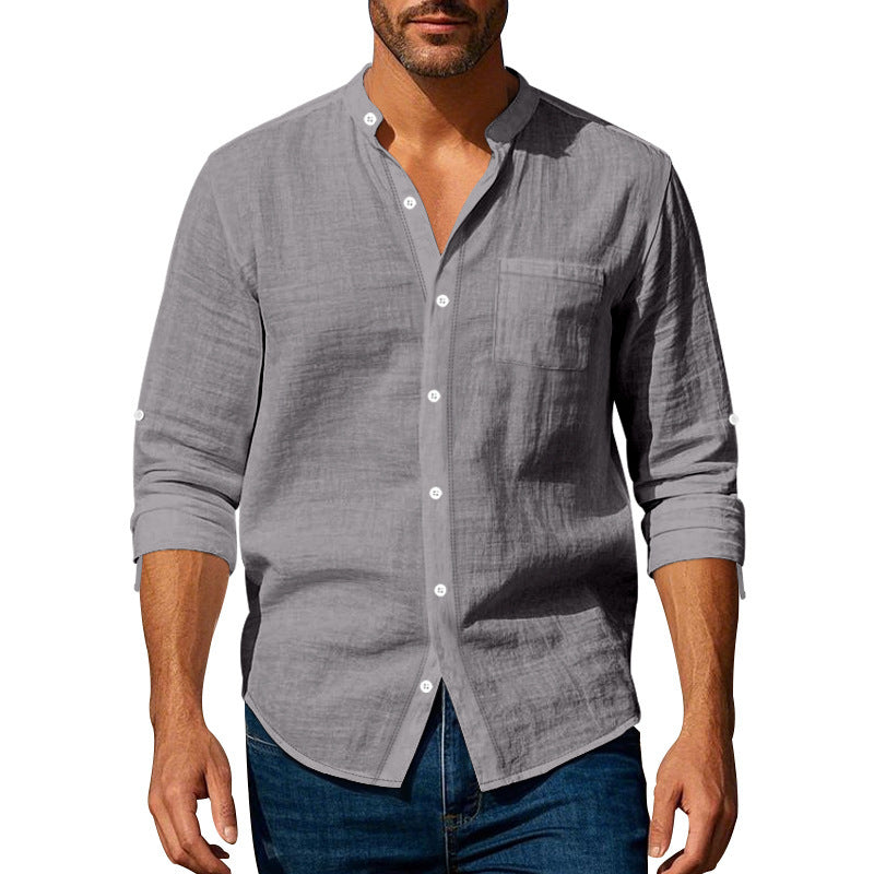 Long Sleeve Stand Collar Shirt With Pockets Casual Men's Clothing
