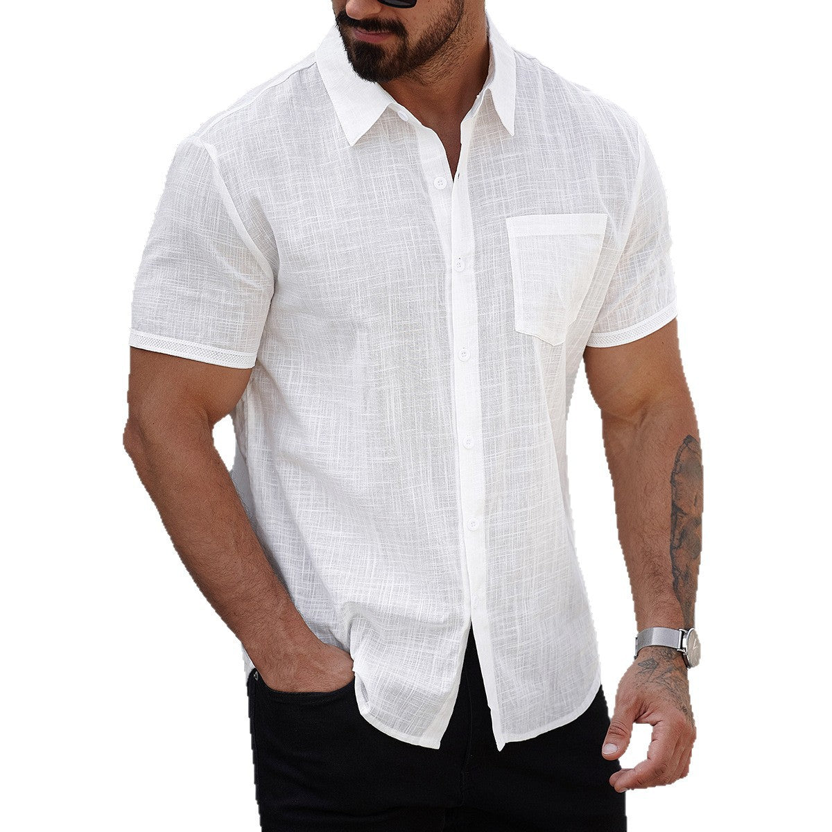 Mens Short-sleeve Cotton Shirt With A Pocket