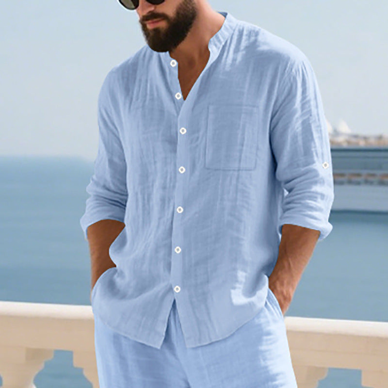 Breathable Linen Mens Button-Up Stand-Collar Long-Sleeve Shirt