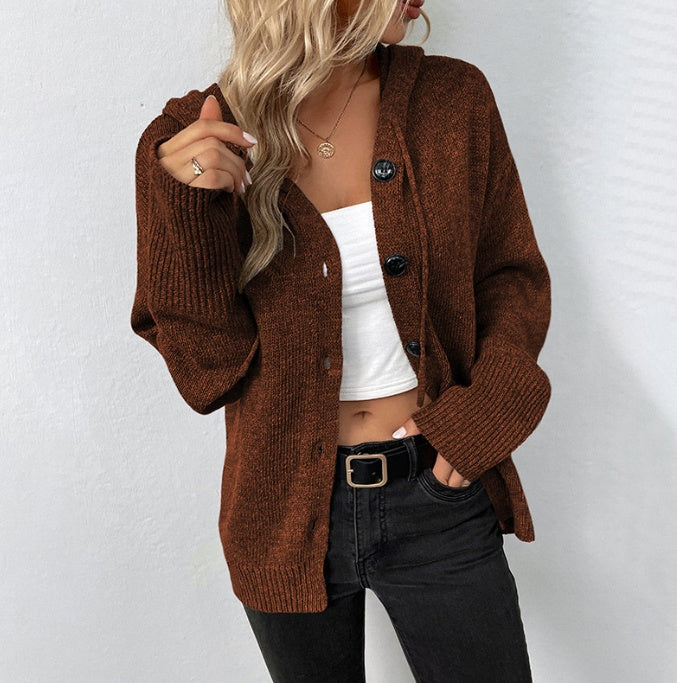 Ins Single-breasted Hooded Sweater Women's Solid Color Cardigan Coat Clothing