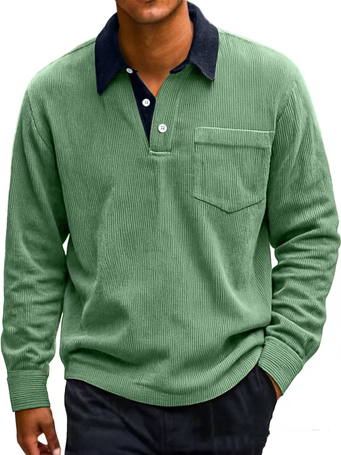 Men's Vintage Corduroy Button Long Sleeve Polo Shirt
