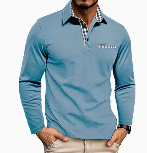 Casual Plaid Splicing Lapel Polo Shirt Fashion Solid Color Long Sleeve Top Men's Clothing