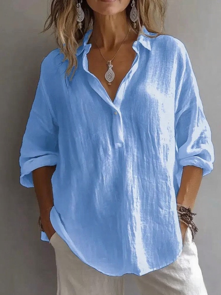 Fashion Long-sleeved Lapel Pullover Shirt Casual Loose Solid Color T-shirt Tops Women's Clothing