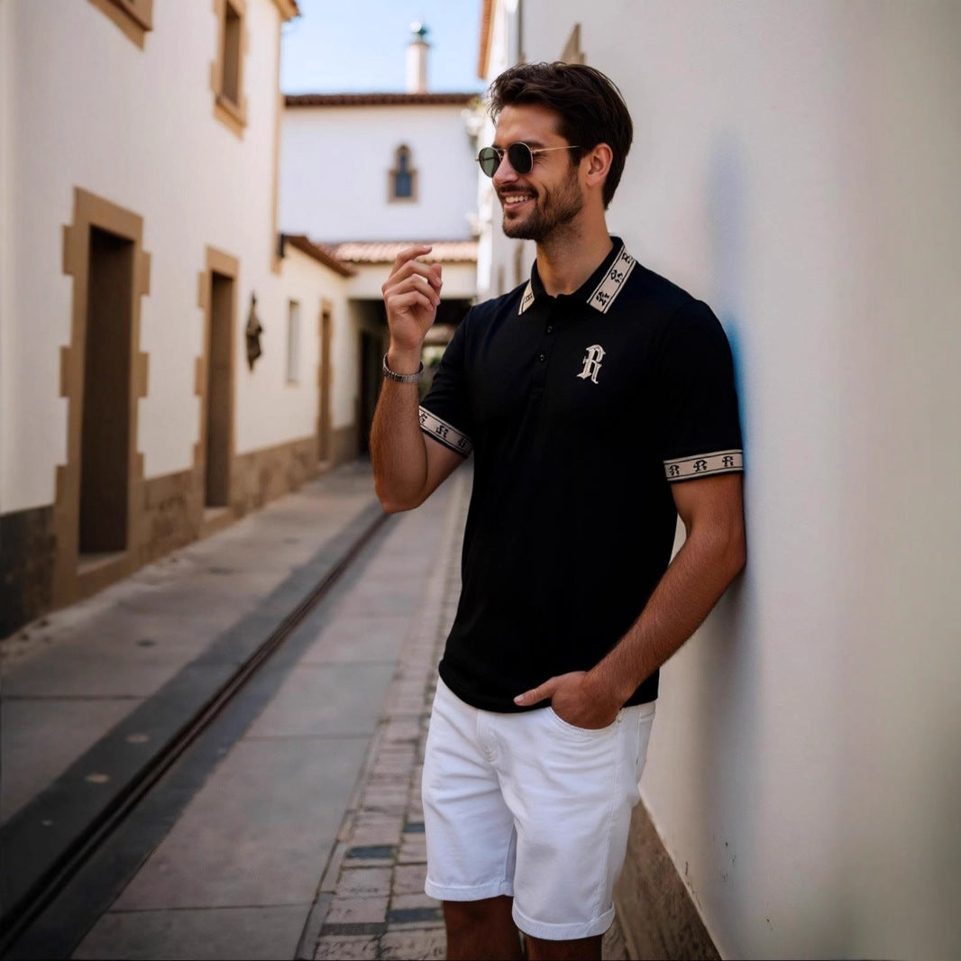 Mens Embroidered Casual Lapel Polo Shirt Top