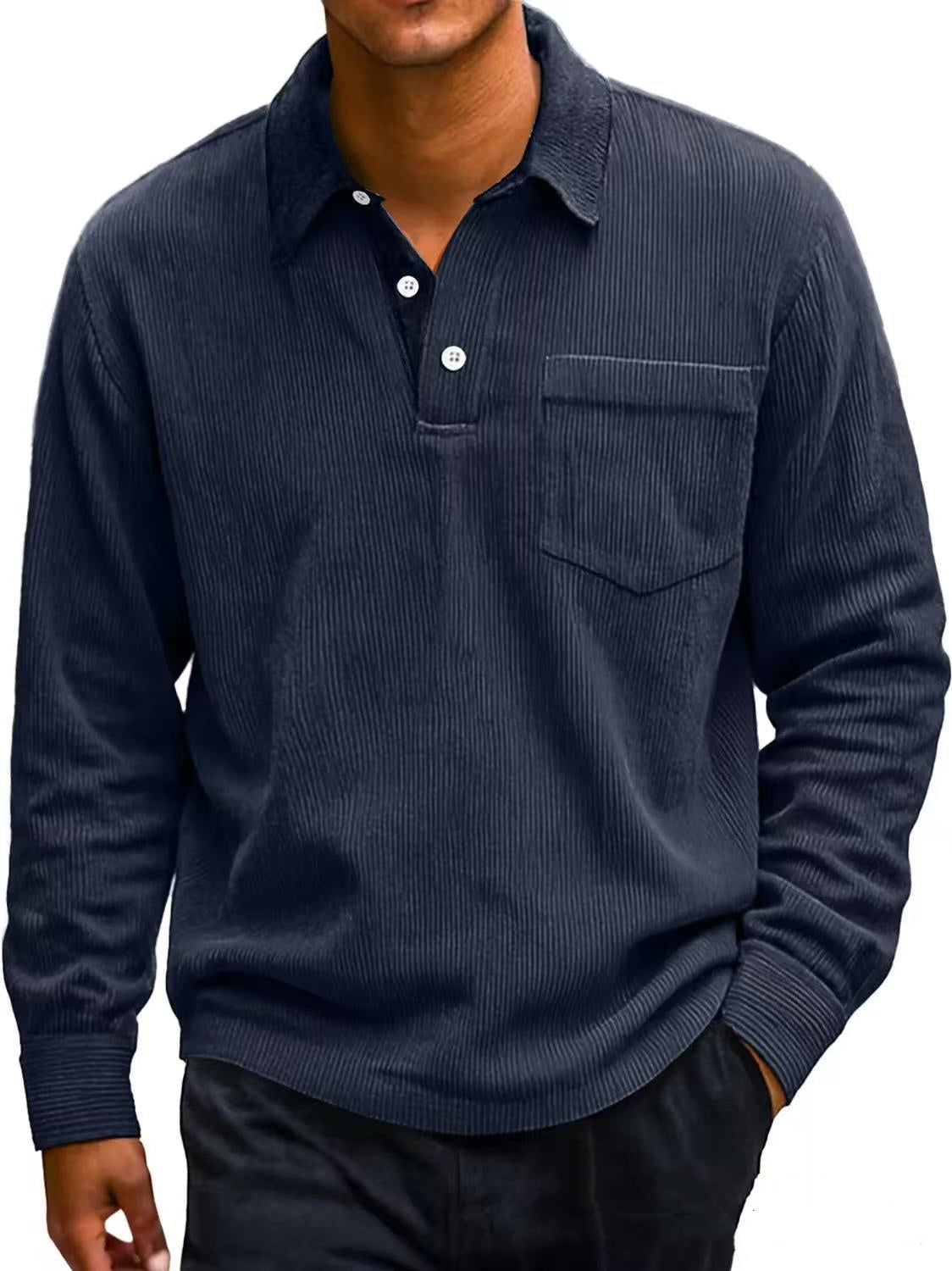 Men's Vintage Corduroy Button Long Sleeve Polo Shirt