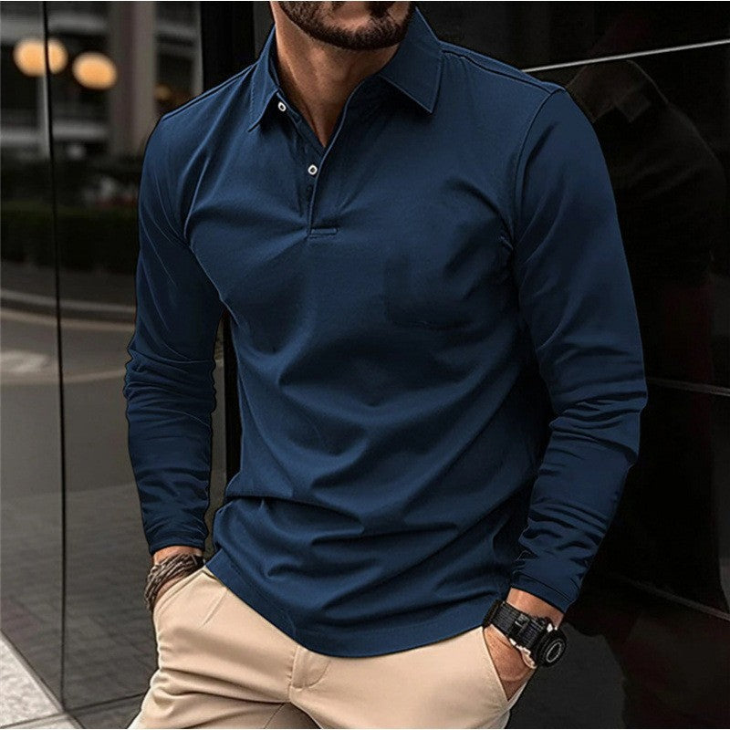 Buckle European And American Men's Daily Casual Polo Collar Long Sleeve Polo Wear
