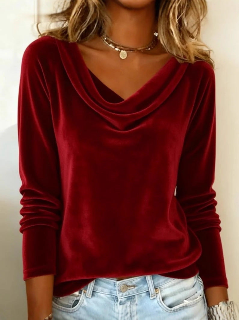 Elegant Velvet Long Sleeve Shirts For Women Fall Spring Solid Color Loose Women Blouses Fashion Pullover Tops Party Clothes