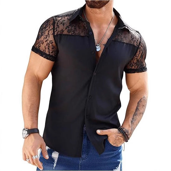 Men's Lace-Patchwork Short-Sleeve Shirt