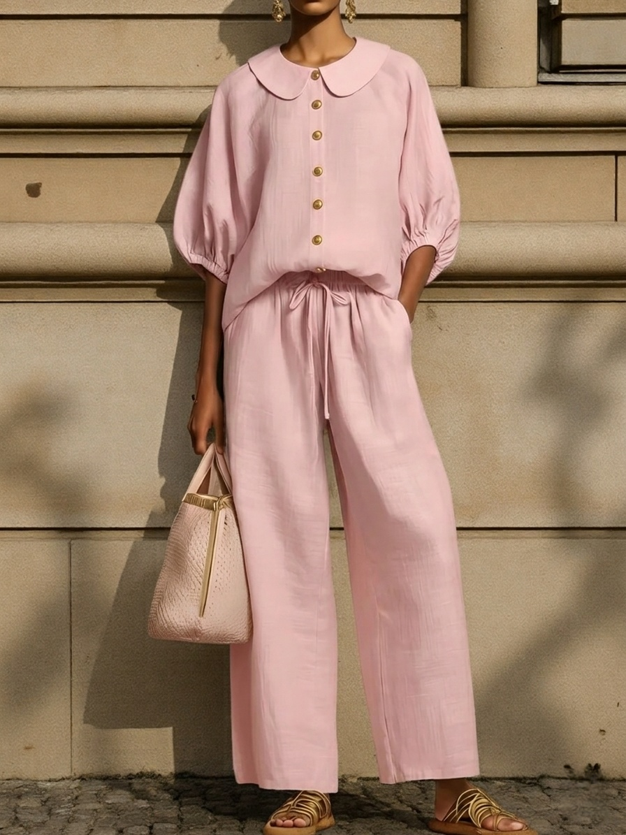 New Arrivals🔥Stylish Peter Pan Collar Shirt And Wide-leg Pant Linen Two-piece Set